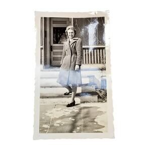 Vtg Beautiful Lady Posing on Front Steps Original Monochrome Photography Found